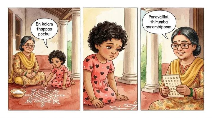 A painted storybook page in three panels: Riya kneels by a kolam on a red-floored verandah while her grandmother sits beside her. Riya says 'En kolam thappaa pochu.' Her grandmother smiles and says 'Paravaillai, thirumba aarambippom.'