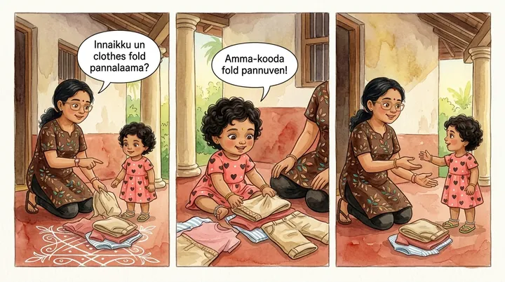 Riya and Amma sit on the verandah with a pile of dry clothes. Amma asks 'Innaikku un clothes fold pannalaama?' and Riya answers 'Amma-kooda fold pannuven.'