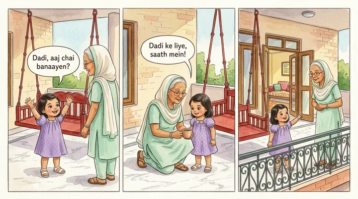 A painted page in three panels: a little girl asks her grandmother 'Dadi, aaj chai banaayen?' and they make chai together on a sunny balcony.