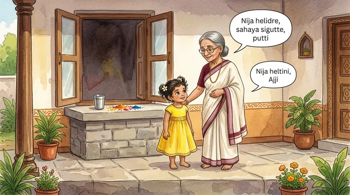 A painted page: a little girl in yellow stands with her grandmother in a tiled courtyard and says 'Nija heltini, Ajji.'